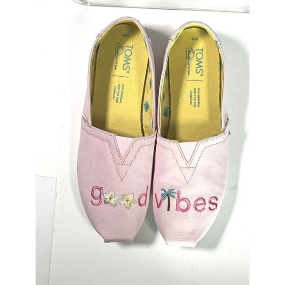 TOMS Womens Pink Embroidered Flat Shoes Size 6 US Good Vibes Alpargata  New - Picture 8 of 12